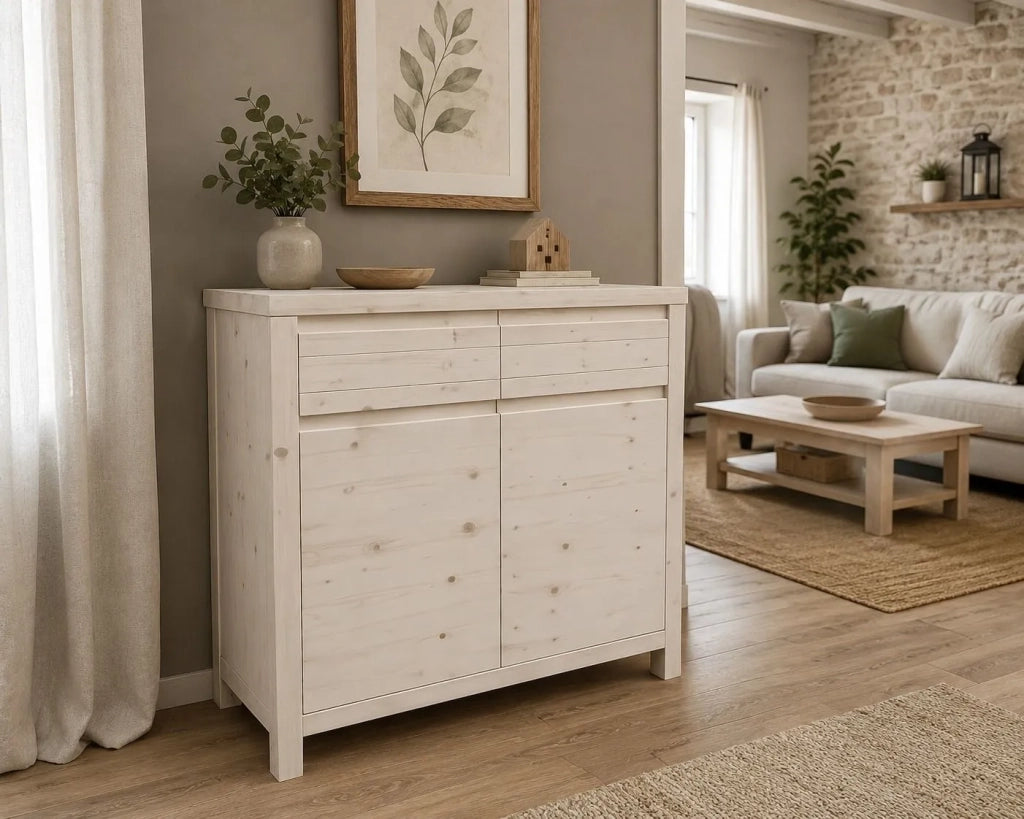 Credenza 2 porte 2 cassetti legno massello di abete grezzo 104x50x95 (3312) - Mobili 2G