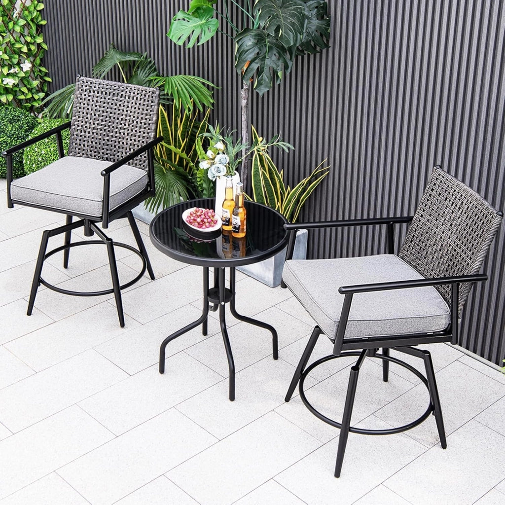 Set di 2 sgabelli da bar girevoli, con schienale in rattan e telaio in metallo, sedia da giardino con cuscino rimovibile, sgabello da bistrò, sedia girevole per esterni, colore nero