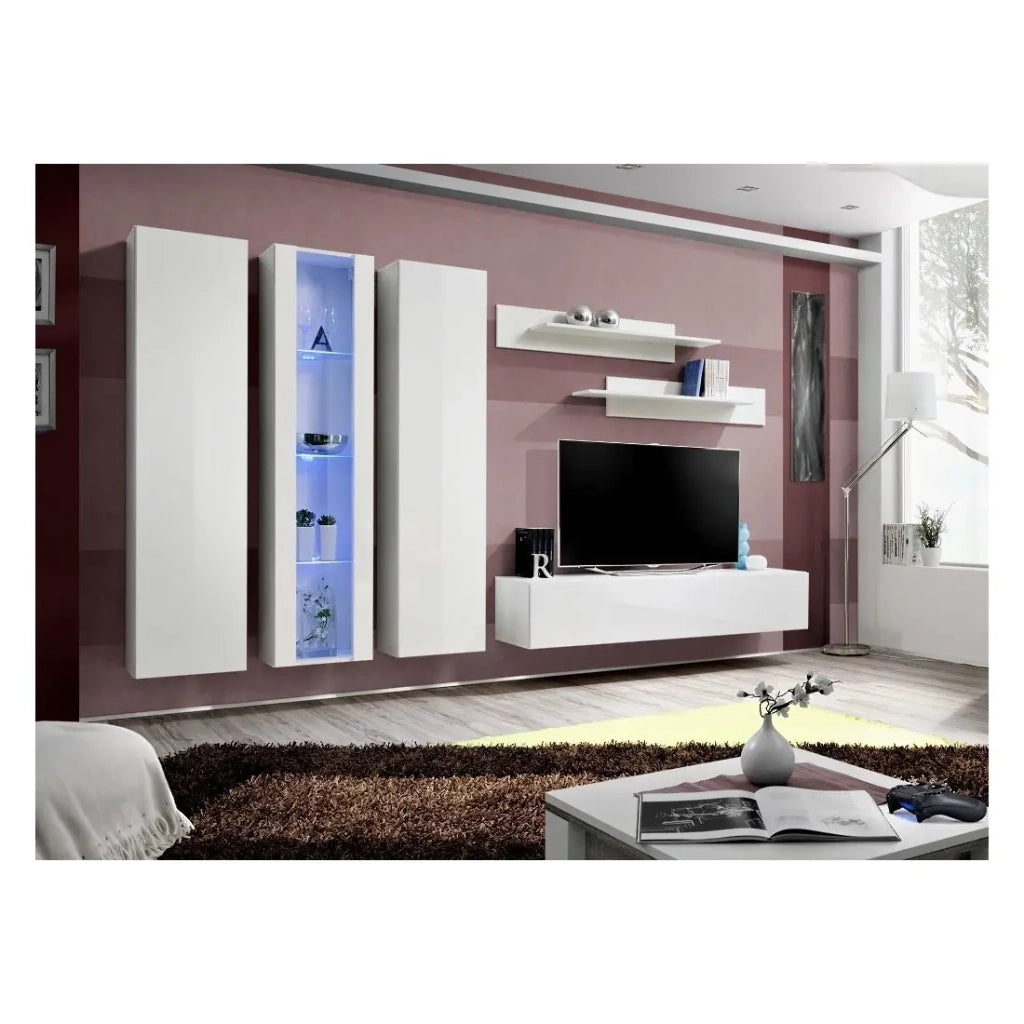 Mobile TV FLY C4 di design, colore bianco lucido. Mobile sospeso moderno e alla moda per il tuo soggiorno.