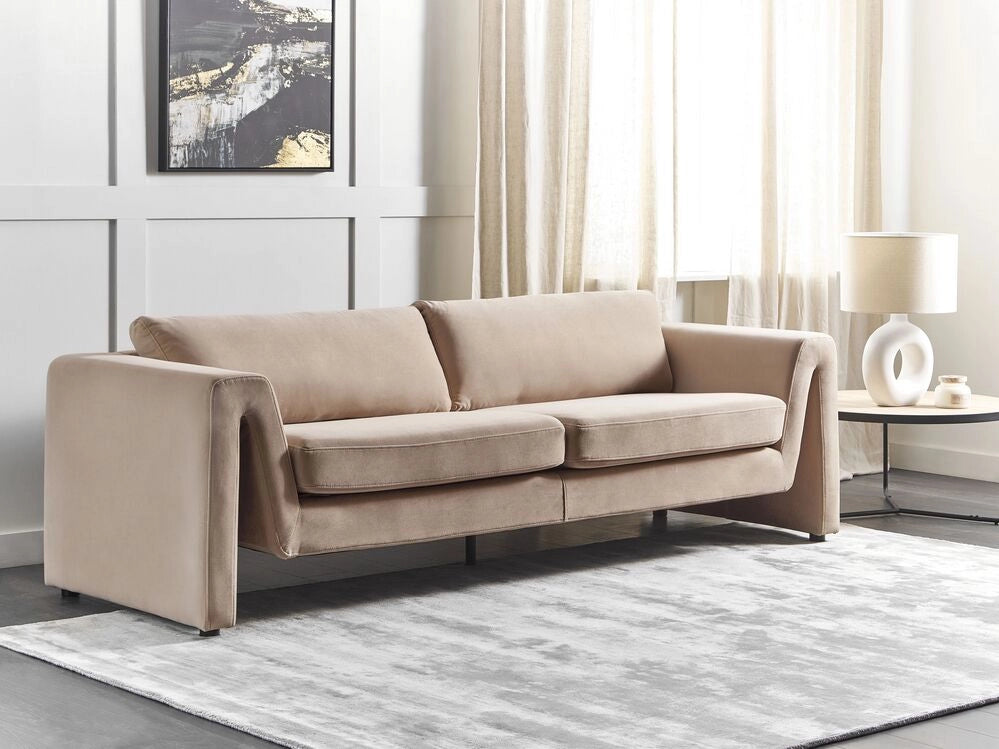 Divano a 3 posti imbottito in velluto beige con schienale imbottito e braccioli stile moderno