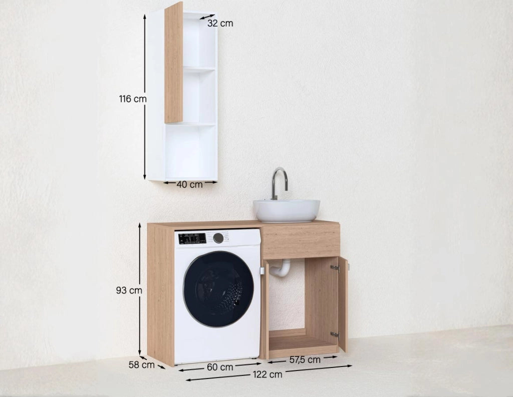 Mobile coprilavatrice Sindy Sx - Contenitore salvaspazio per bagno e lavanderia - Lavatrice non inclusa - Lavandino e Pensile compresi - Virginia - 122x93x60 cm_