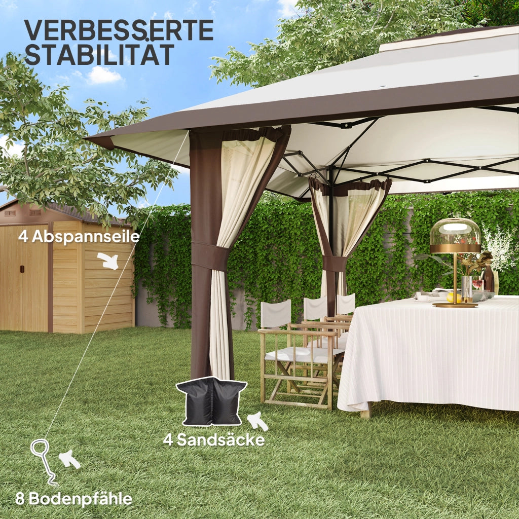 Gazebo 4x4m Ripiegabile pieghevole a piega regolabile in altezza impermeabile con pareti in rete UV 50+ Tenda pieghevole da giardino con borsa da trasporto sacchi di sabbia Gazebo da giardino per il festival del campeggio beige