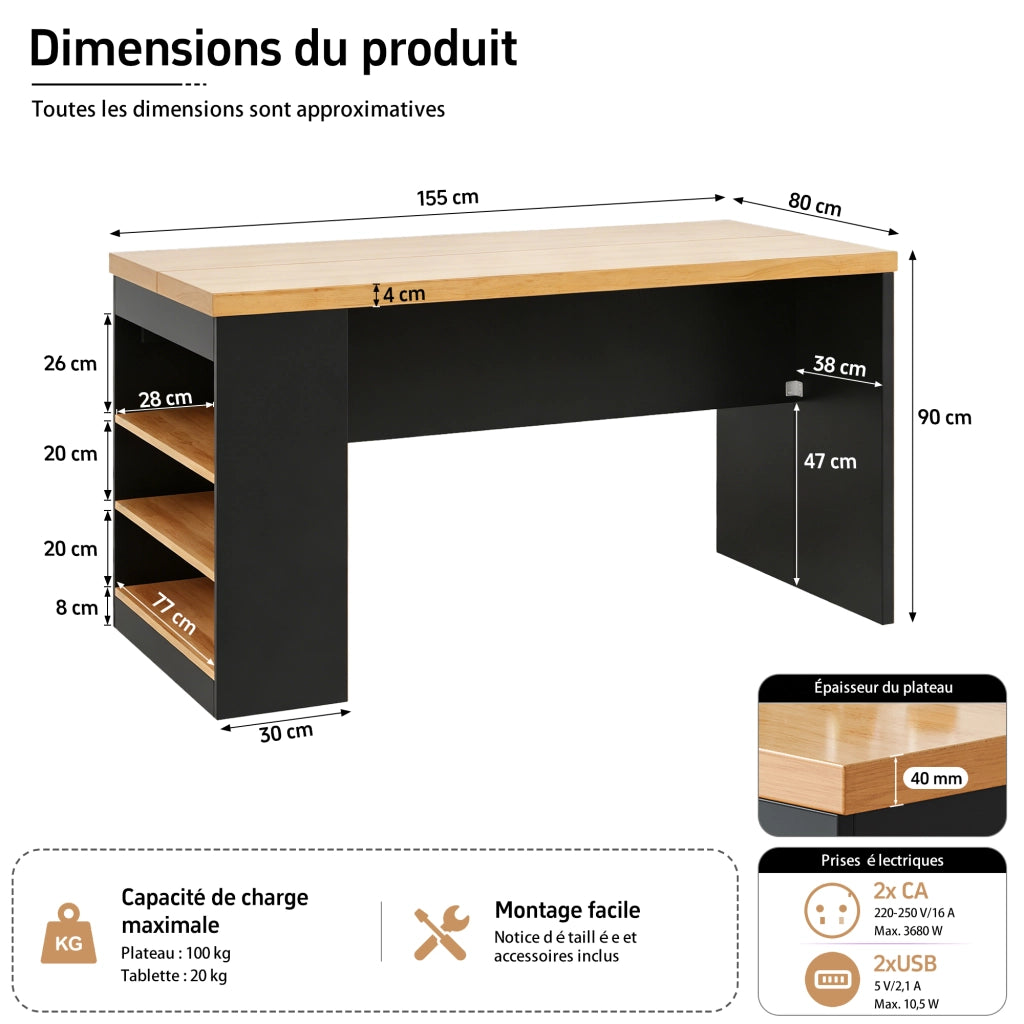 Isola da cucina con 3 vani aperti; LED; prese e porte USB per cucina e sala da pranzo; 155 × 80 × 90 cm