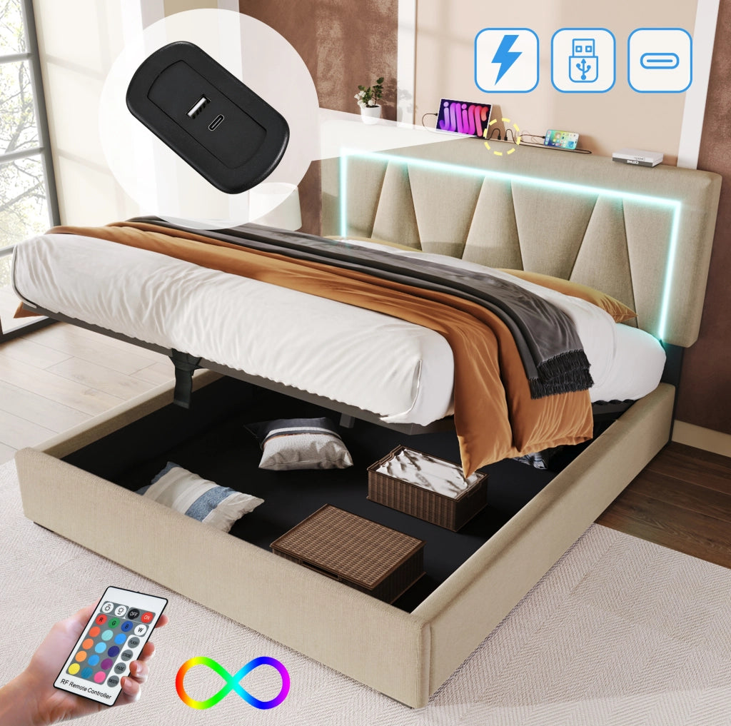 Letto matrimoniale imbottito 160x200 cm in lino beige con LED; USB e contenitore