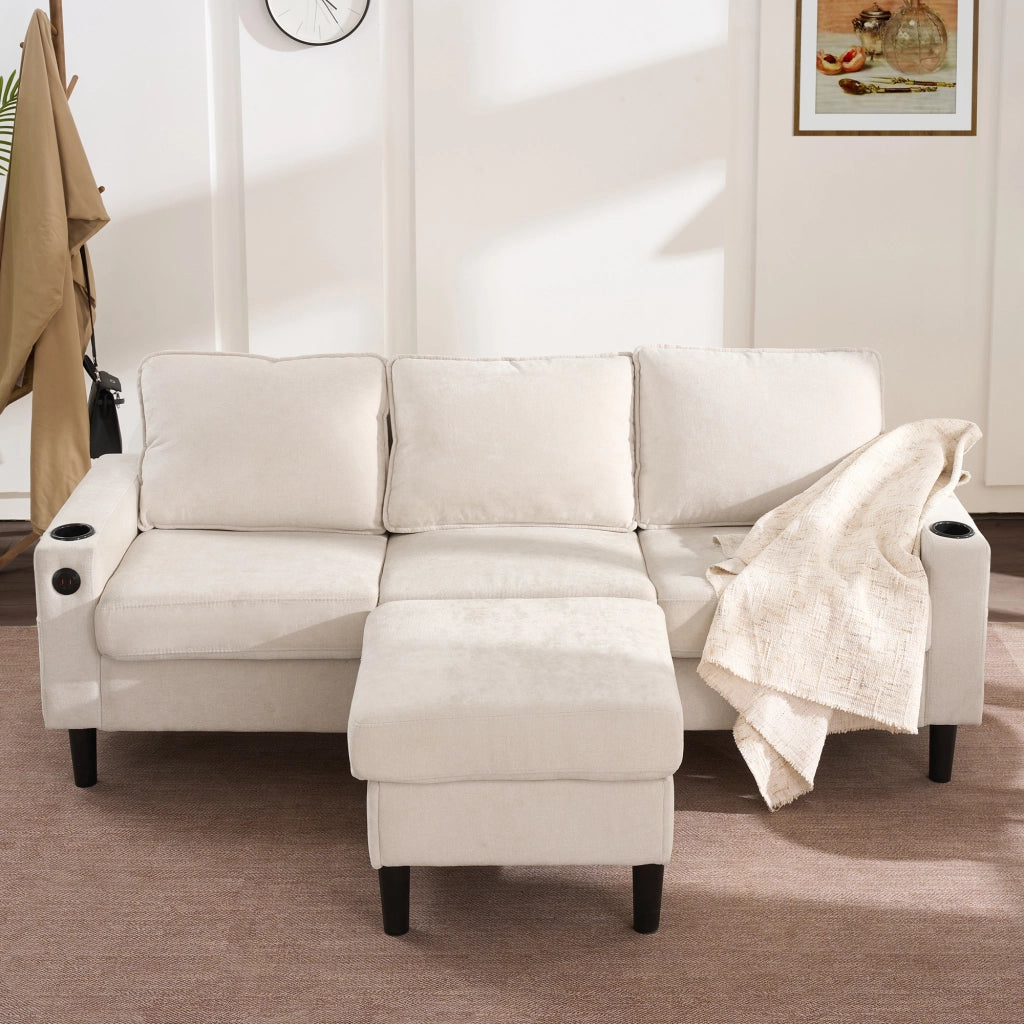 Divano Angolare 3 Posti con USB, Porta Type-C, Pouf Modulare e Portabicchieri, in Lino, Beige
