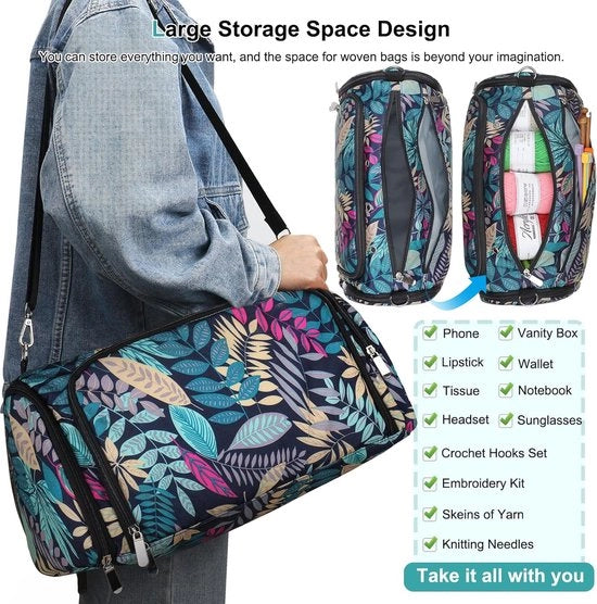 Organizzatore di stoffa con capacità elevata, borsa con cinghia a spalla e 4 aperture laterali per la conservazione di accessori per filatura e tessitura, borsa di filatura con cinghia a spalla e 4 aperture laterali, solo borsa.