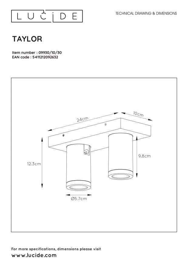 Plafoniera Lucide Taylor nera 2xGU10 dimmer IP44 calda