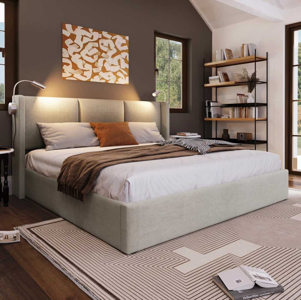 Letto contenitore 140x200 in tessuto beige con luce da lettura USB