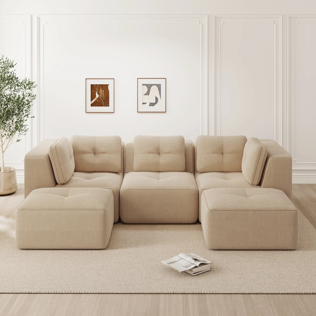 Divano angolare modulare in velluto a coste con seduta profonda e braccioli larghi senza montaggio, beige