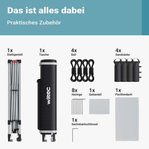 Gazebo pieghevole pop-up bianco, 3 x 3 m con parete laterale e ruote