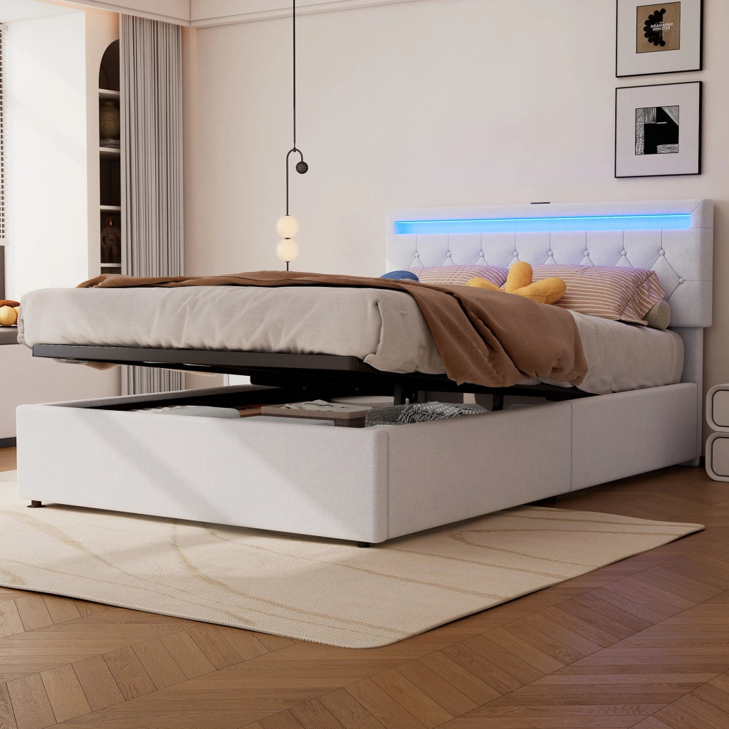 Letto Contenitore 140x200 cm; Letto Matrimoniale; LED; USB e Type-C; in Lino; Bianco