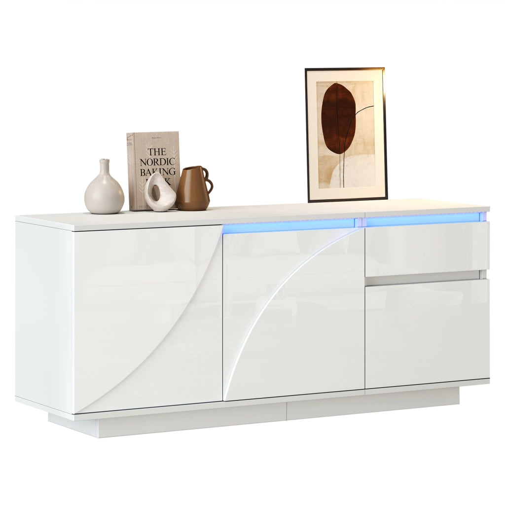 Credenza con 3 ante; 1 cassetto e LED - per soggiorno - in MDF - 140×40×60 cm - bianco