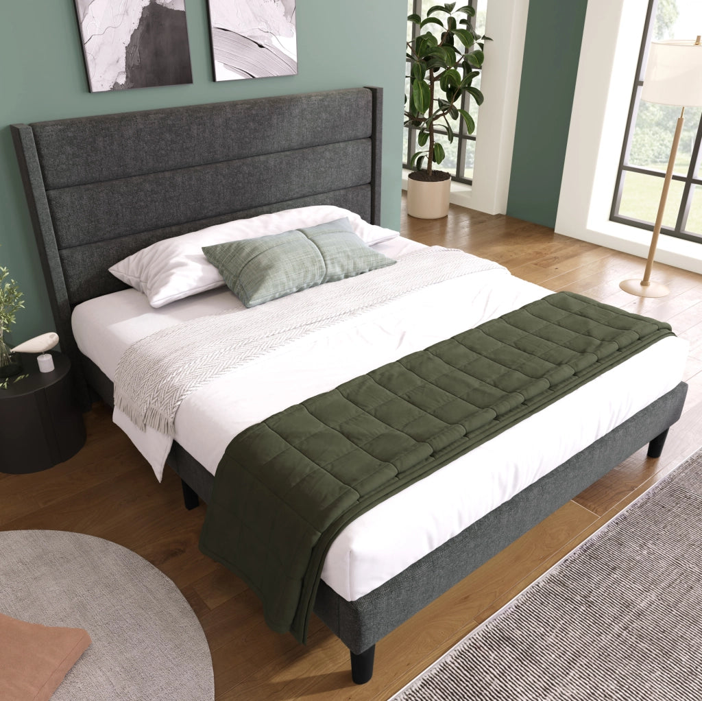 Letto imbottito 140x200 cm; testiera trapuntata; lino grigio scuro (Senza materasso)