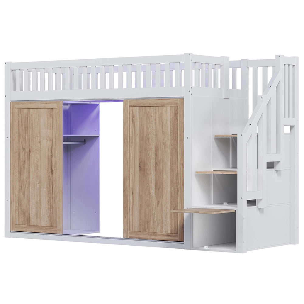 Letto a soppalco-Xylo-90x200cm, armadio, LED colorati, bianco+quercia