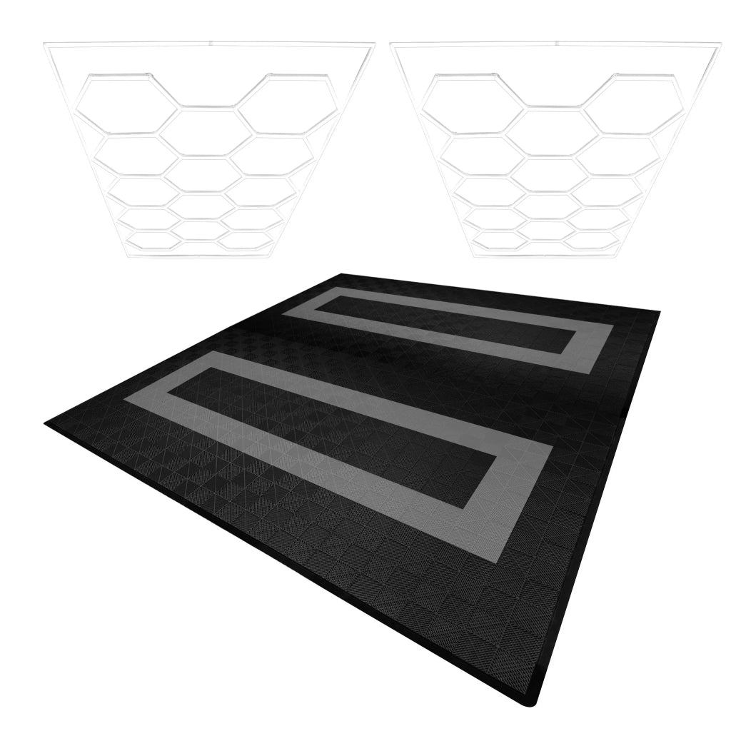 Luci LED Esagonali x 2 e Piastrelle Ventilate per Pavimento Garage con Bordi - 165 Nere & 60 Grigie