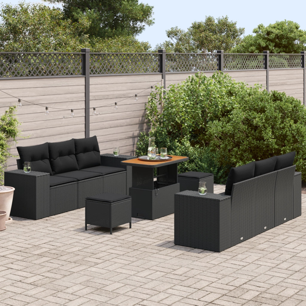 Set di divani da giardino  da 9 pezzi con cuscini Nero Polyrattan Acacia