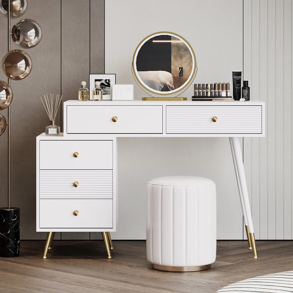 Tavolo da trucco con specchio LED, mobile laterale regolabile e cassetti, bianco, 100x78x40 cm