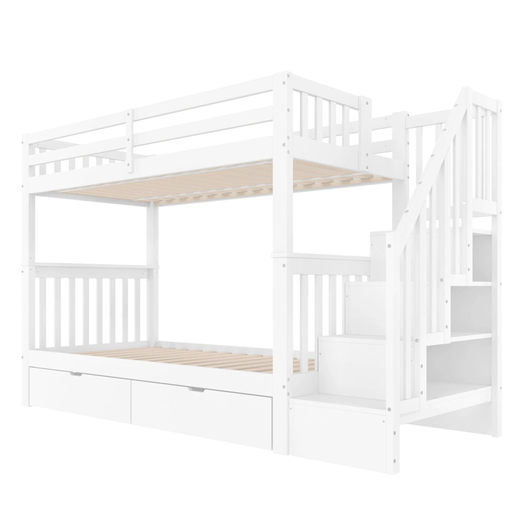 Letto a castello 90x200 cm con scala contenitore e due cassetti in legno di pino e MDF bianco
