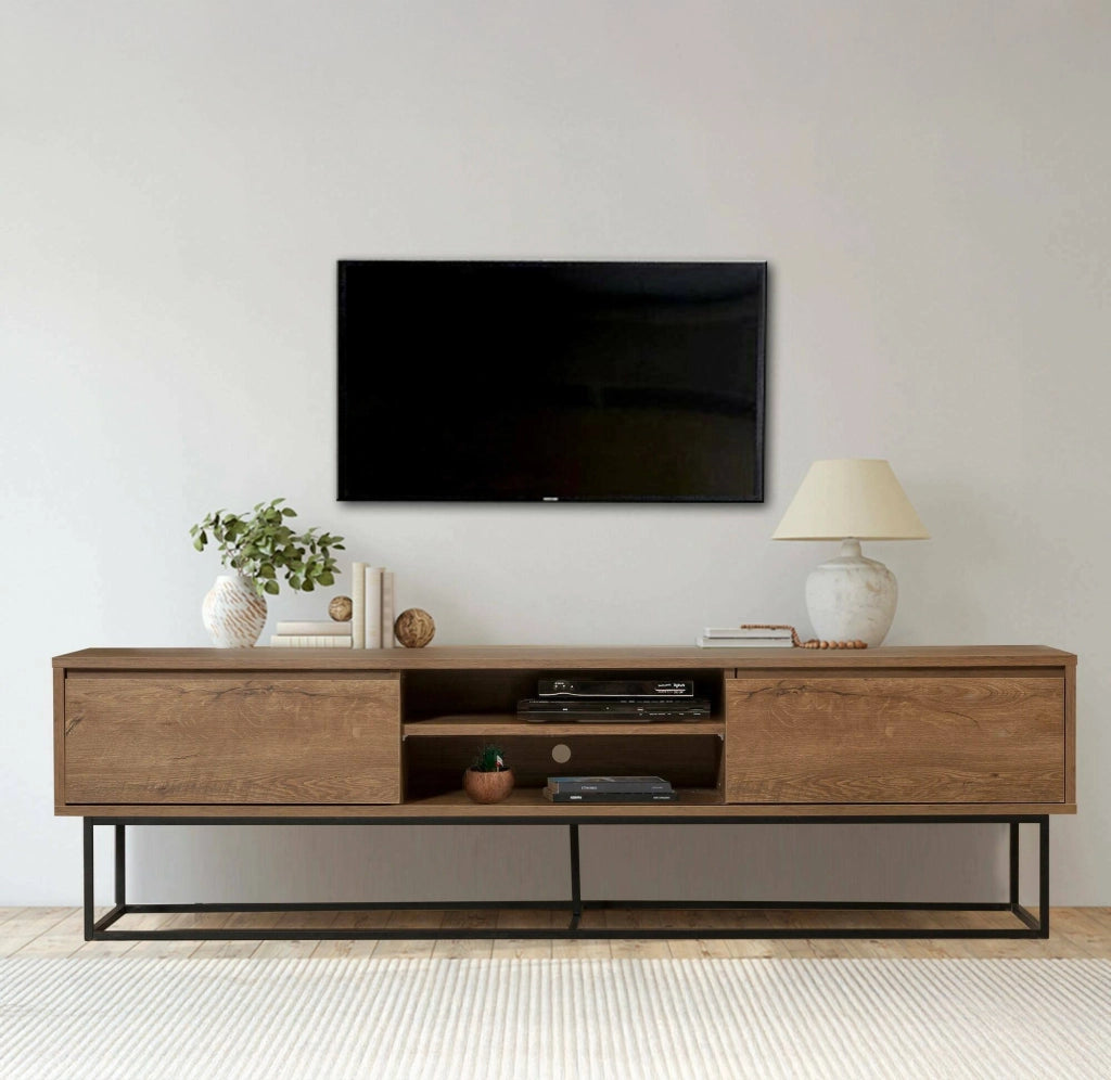 Mobile porta TV Corinna, Credenza da soggiorno, Armadio basso per TV, Base parete attrezzata, 180x40h50 cm, Noce e Nero