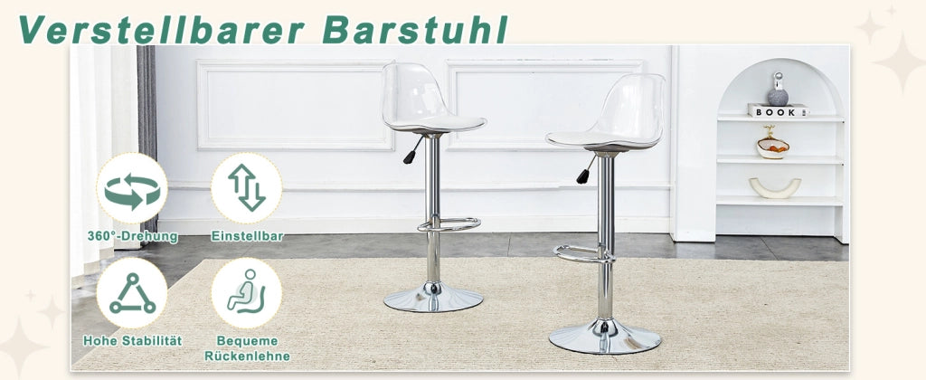 Set di 2 sgabelli da bar regolabili 82-104 cm trasparente e argento, girevoli 360°