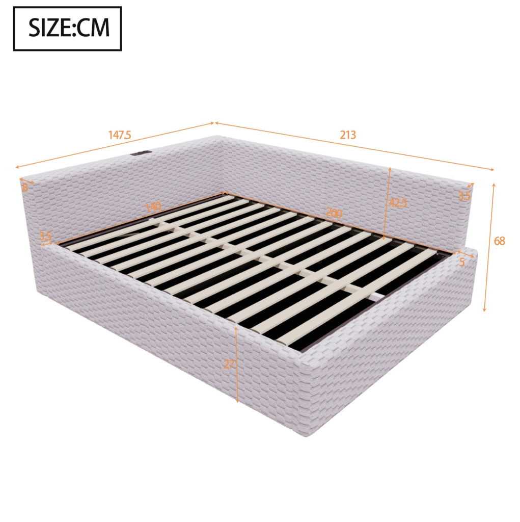 Letto imbottito 140x200 cm con contenitore, LED e porte USB/Type-C