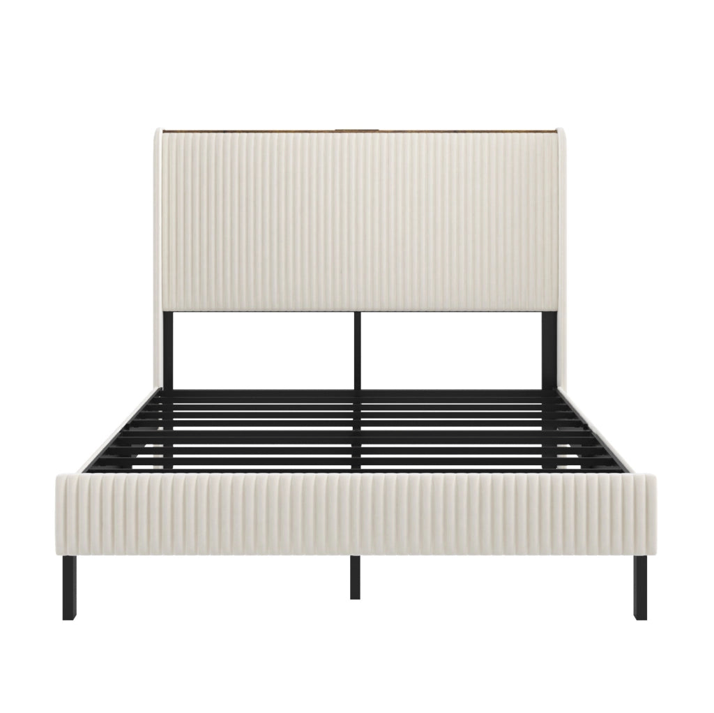 Letto imbottito 160x200 cm con struttura in metallo e montaggio facile in velluto a coste beige e crema