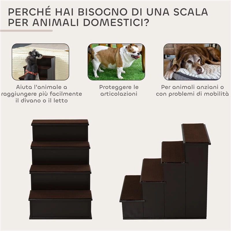 SCALETTA PER CANI E GATTI A 4 SCALINI CON CUSCINI IN PELUCHE RIMOVIBILI, 40X59X54.2 CM, MARRONE