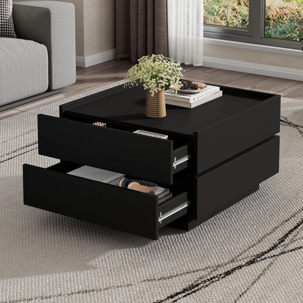 Tavolino basso girevole a 360° con 2 cassetti e bordo rialzato per soggiorno in truciolare nero 60 × 60 × 38 cm