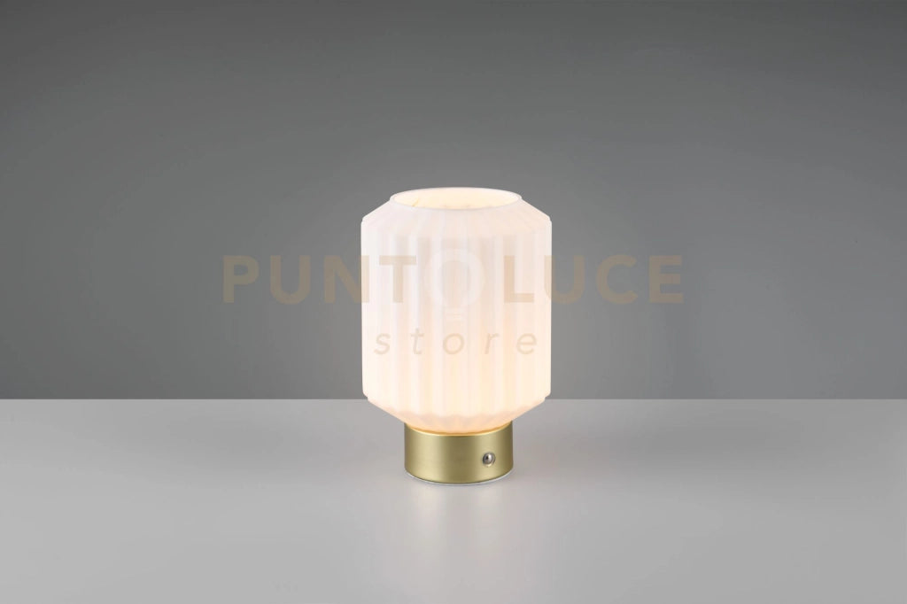 LORD LAMPADA DA TAVOLO RICARICABILE METALLO OTTONE SATINATO E VETRO RIGATO BIANCO REGOLAZIONE INTESITA' TOUCH H.19,5CM LED 1,5W 100lm, 3000K