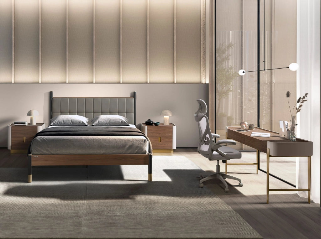 Comodino noce, beige, acciaio lucido dorato e piano in noce