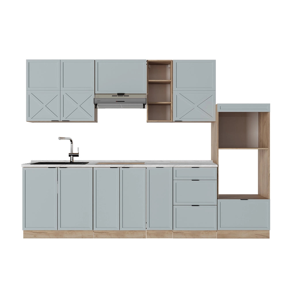 Cucina componibile Fame-Line Blu-grigio chiaro/Rovere dorato 280 cm, PL Marmo Vicco