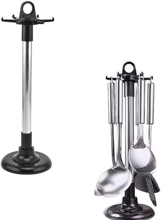 Organizzatore per cucina a 2 livelli, organizzatore in acciaio inox per cucina, ripiano 360 gradi girevole per coltelli da tavola con 6 ganci, organizzatore a terra per prevenire scivoloni, organizzatore in acciaio inox per coltelli da tavola