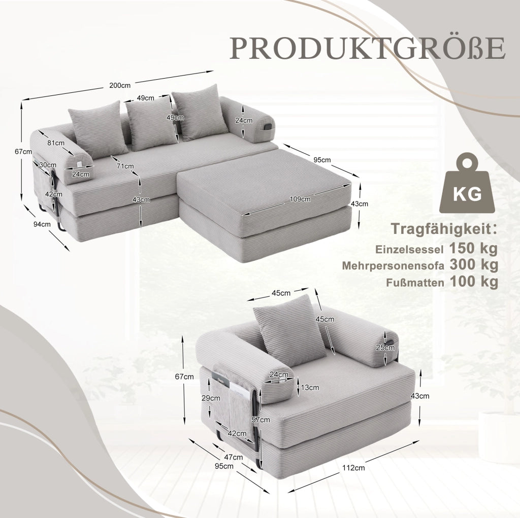 Set divano modulare in velluto a coste grigio chiaro con pouf
