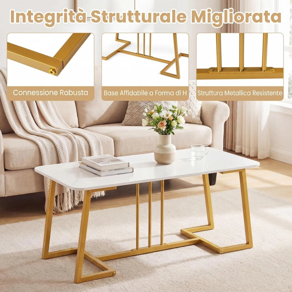 Tavolino da Caffè Rettangolare, Tavolino da Salotto Moderno con Ampio Piano in Effetto di Marmo e Gambe in Metallo Dorato, Perfetto per Soggiorno, Ufficio e Studio, 90 x 50 x 41,5 cm