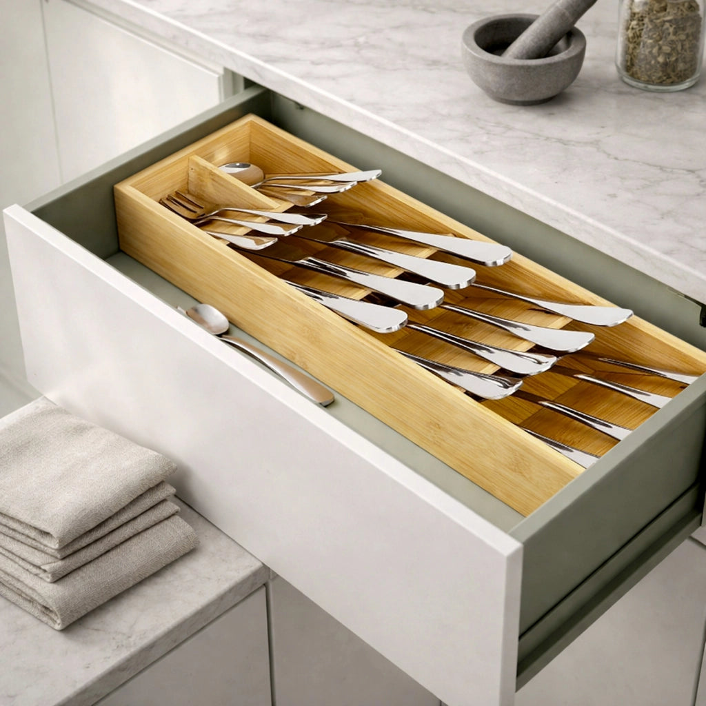 Organizer Posate in Bambù 5 Scomparti per Cassetto con Piedini Antiscivolo Beige Cheffinger