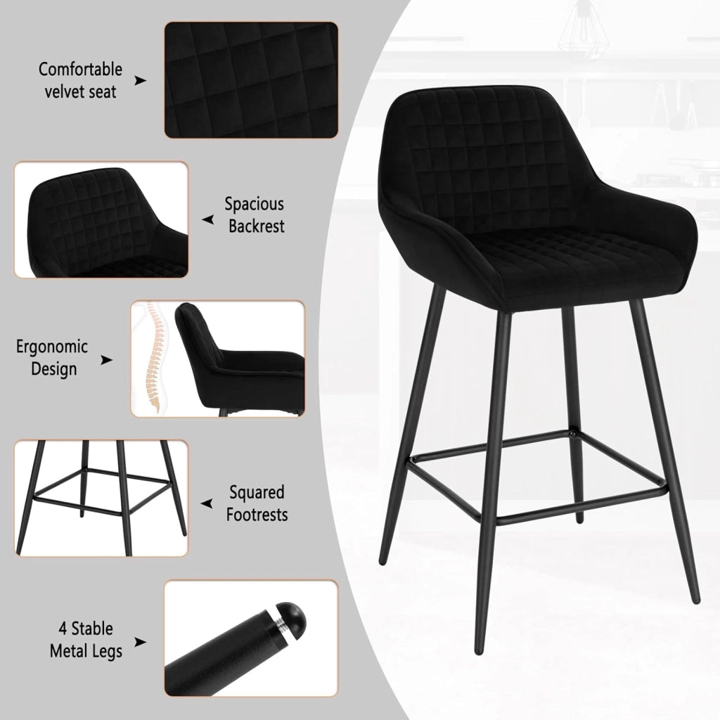WOLTU Set di 2 Sgabelli da Bar, Sedie da Cucina, con Schienale & Braccioli, Struttura in Acciaio, Seduta Ampia in Velluto Altezza di 64 cm, Colore Nero BH372sz-2