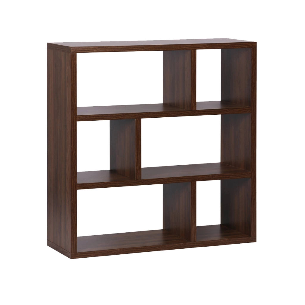 Libreria asimmetrica a 3 livelli con 6 vani, noce