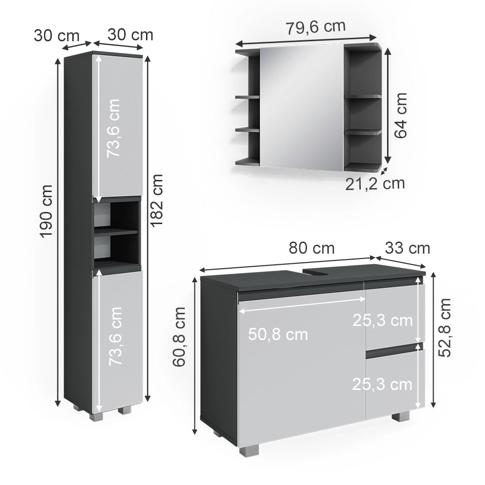 Vicco Set mobili bagno Antracite 3 parti, con armadio alto