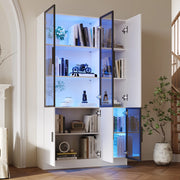 Vetrina con 3 ante in vetro e LED, 10 vani contenitore, per soggiorno e studio, bianco, 120 × 35 × 200 cm