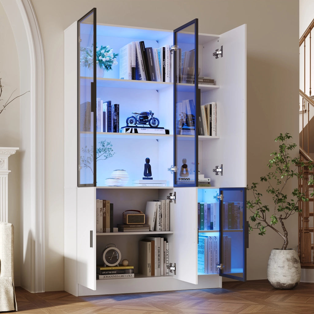 Vetrina con 3 ante in vetro e LED, 10 vani contenitore, per soggiorno e studio, bianco, 120 × 35 × 200 cm