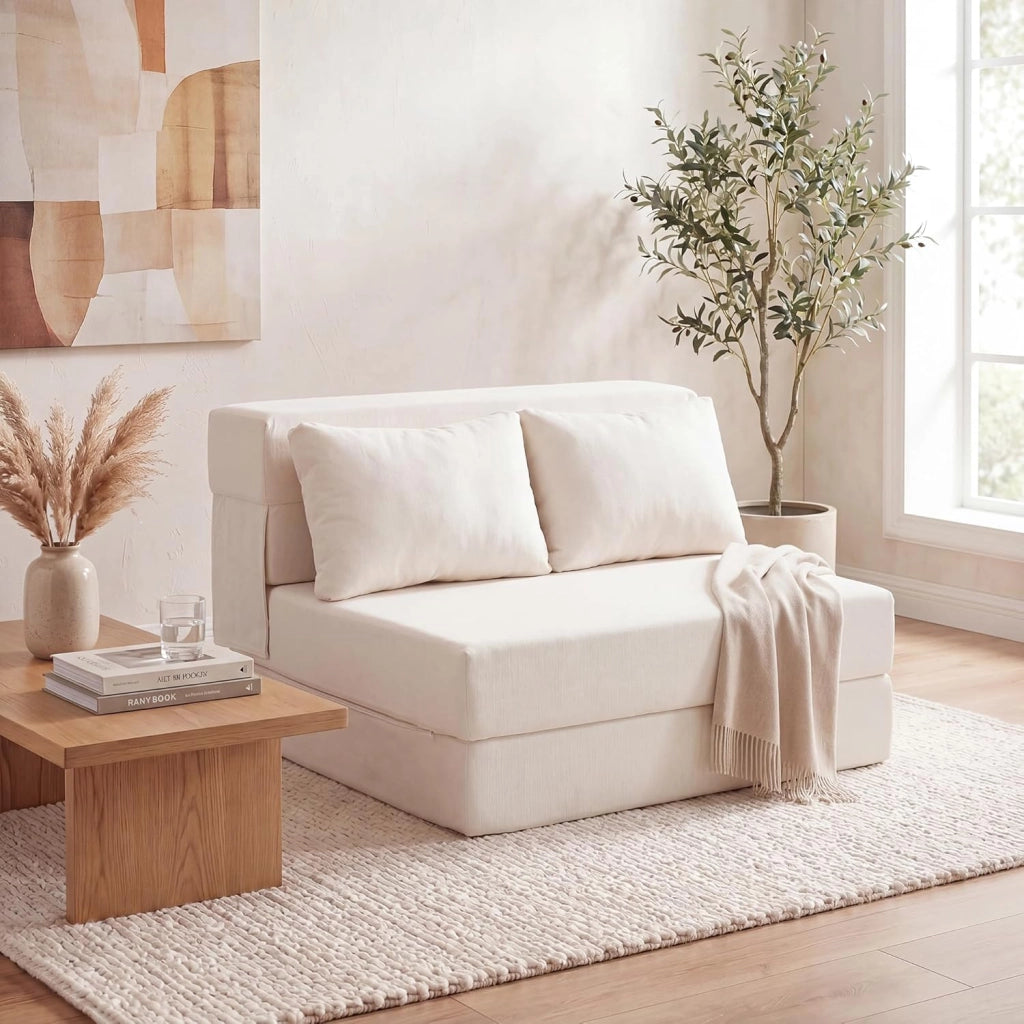 Divano Letto 2 Posti Pieghevole, 3 in 1 Divanetto Trasformabile con 2 Cuscini, Schiuma ad Alta Densità e Rivestimento in Tessuto Chenille, Poltrona Letto per Soggiorno (Beige,82 x 103 x 58 cm)