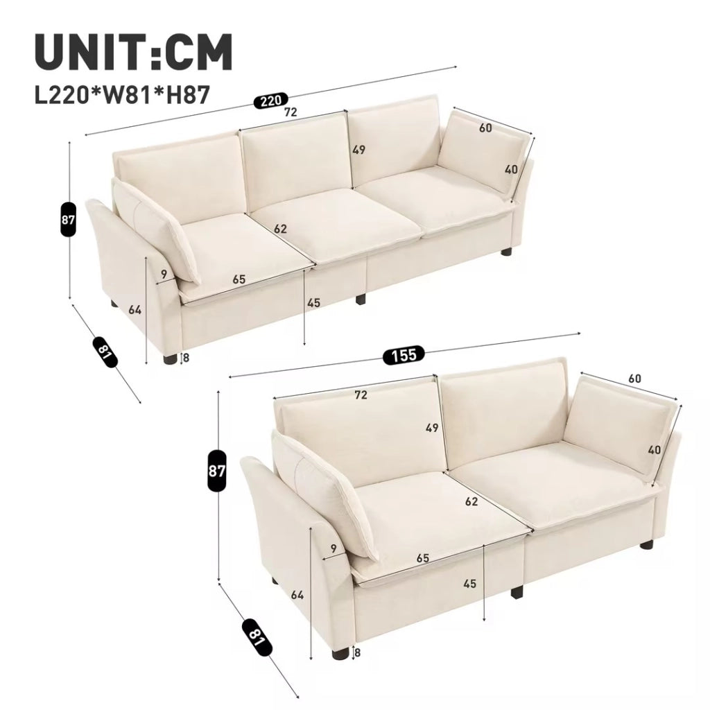 DIVANO Modulare 3+2 posti 220/155 cm Chenille Beige Set da 2 pezzi