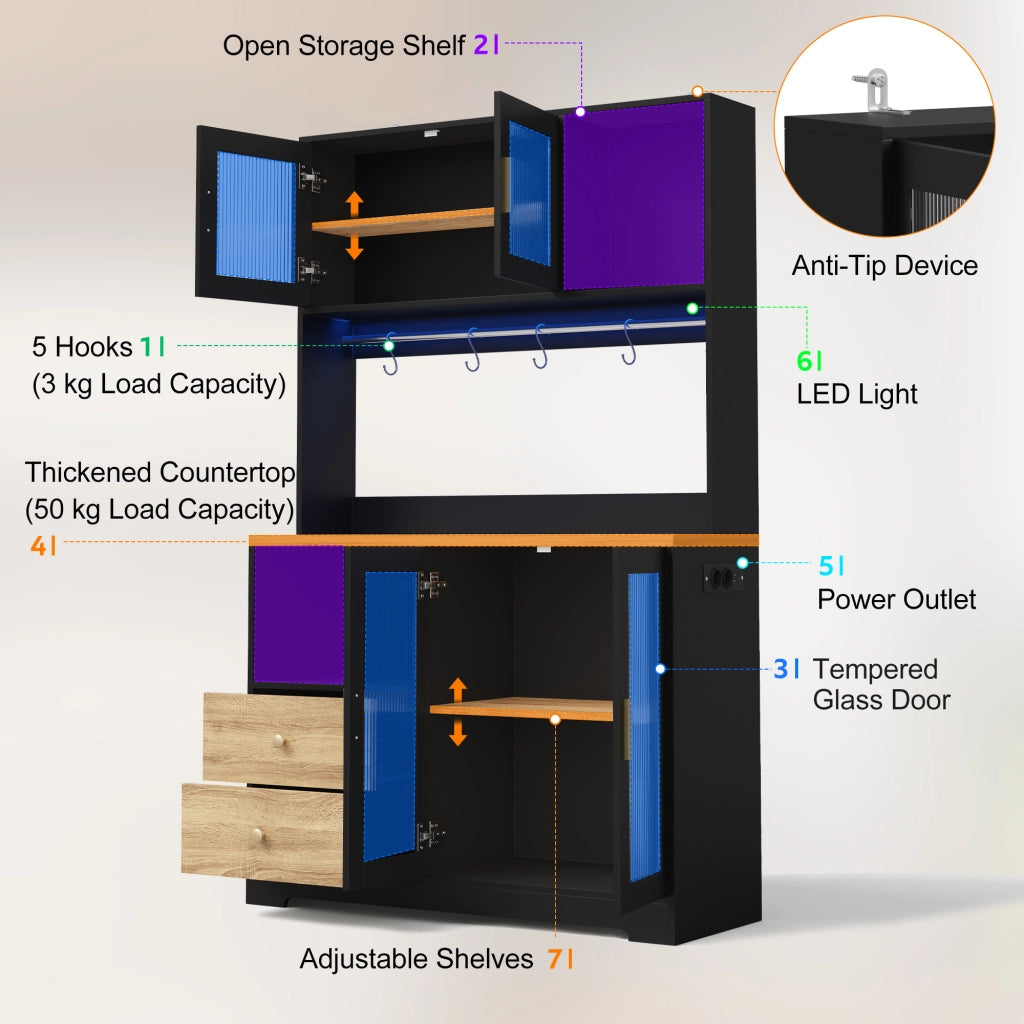 Colonna da cucina con LED prese e USB 4 ante in vetro temperato ripiani regolabili in MDF nero 110 × 40 × 178 cm
