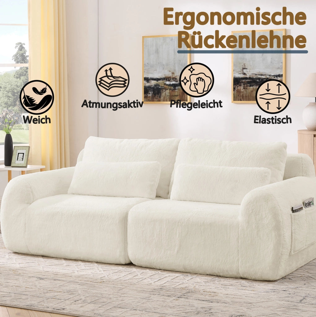 Divano 2 posti in tessuto effetto pelo di coniglio con USB e tasca laterale; beige