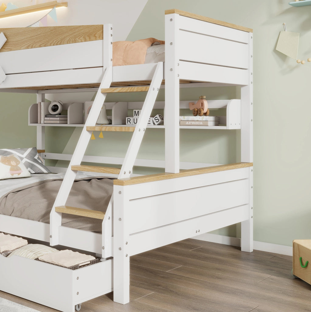 Letto a castello con mulino, cassetti e scaffali, bianco naturale, 90x200/140x200 cm