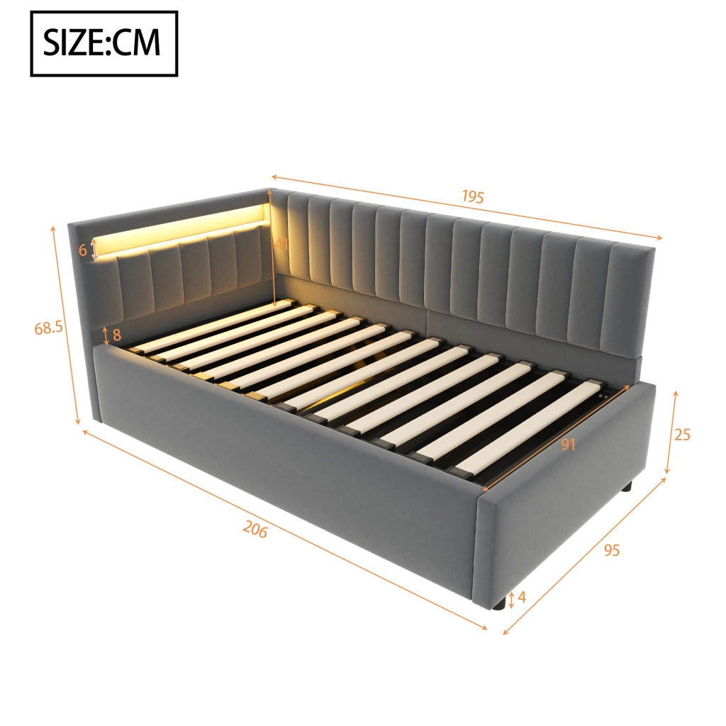 OKWISH Letto Divano 90×200 cm, Letto Singolo con LED, Contenitore Idraulico e Testiera Reversibile, senza Materasso, Grigio