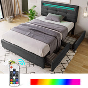 OKWISH Letto Singolo con 2 Cassetti, LED, Testiera Regolabile, 90×200 cm, senza Materasso, in Lino, Grigio