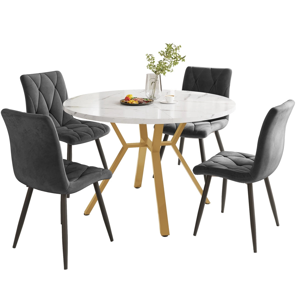 Tavolo da pranzo rotondo con 4 sedie set da 5 pezzi in MDF e acciaio effetto marmo con sedute in velluto grigio
