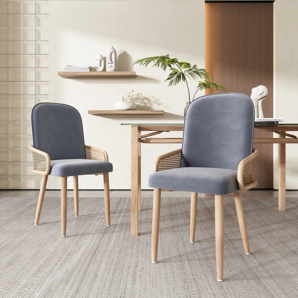 OKWISH Set di 2 Sedie da Pranzo, con Schienale Effetto Rattan e Gambe in Metallo, Stile Naturale, Velluto Grigio