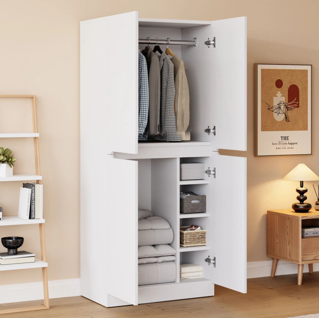 Armadio 70x40x170 cm con doppia porta e scomparto inferiore in legno bianco